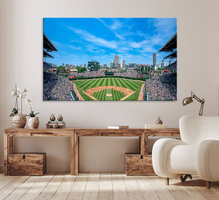 Panoramic view of Wrigley Field, ideal for the Wrigley Field Chicago Cubs Panoramic Canvas Wall Art - Ready to Hang.