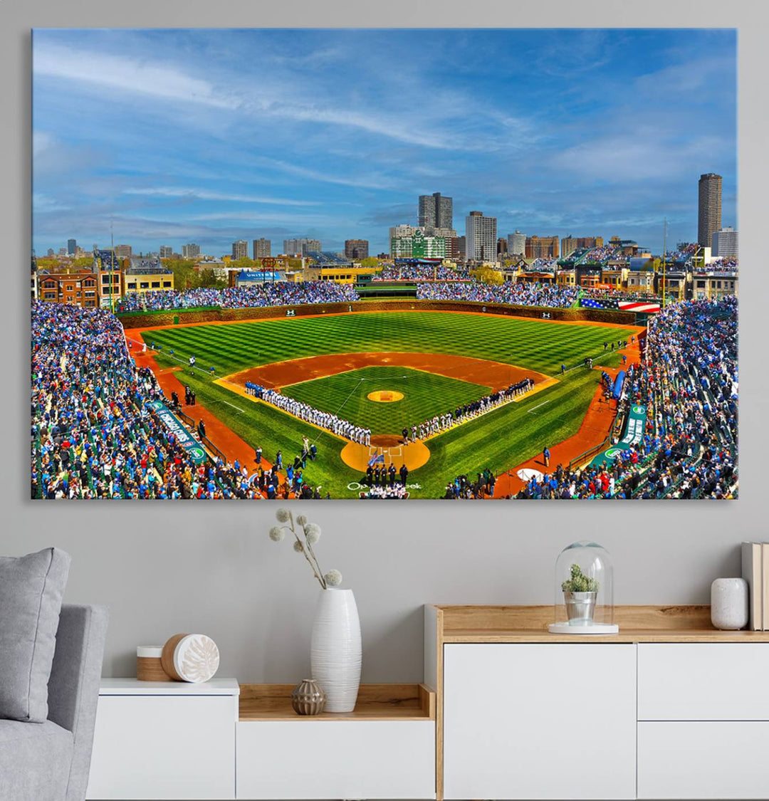 The Wrigley Field Cubs Panoramic Canvas Art hangs prominently in the modern living room.