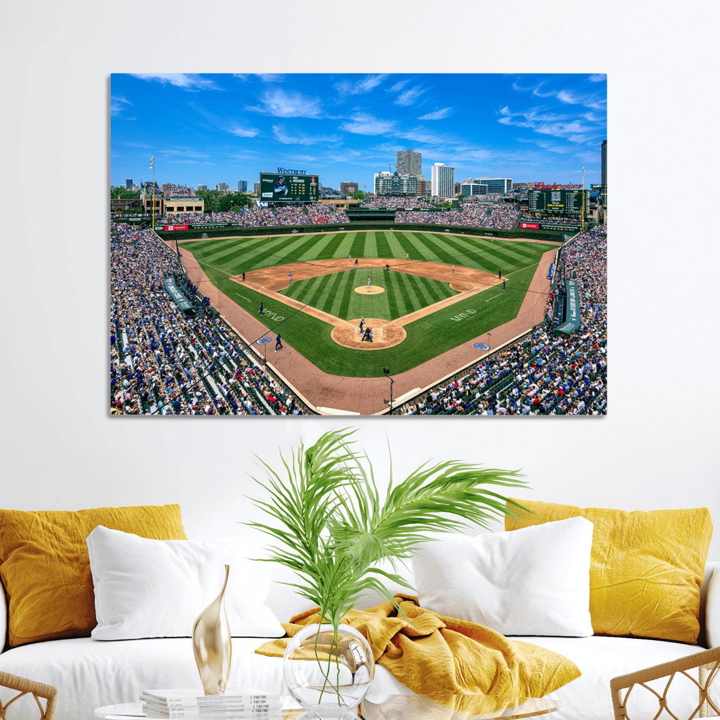 26064-MGV-CV-30X20-Framed Wrigley Field Chicago Cubs Print, Panoramic Multi Piece Canvas Wall Art - Iconic Baseball Stadium Print for Sports Lovers - Ready to
