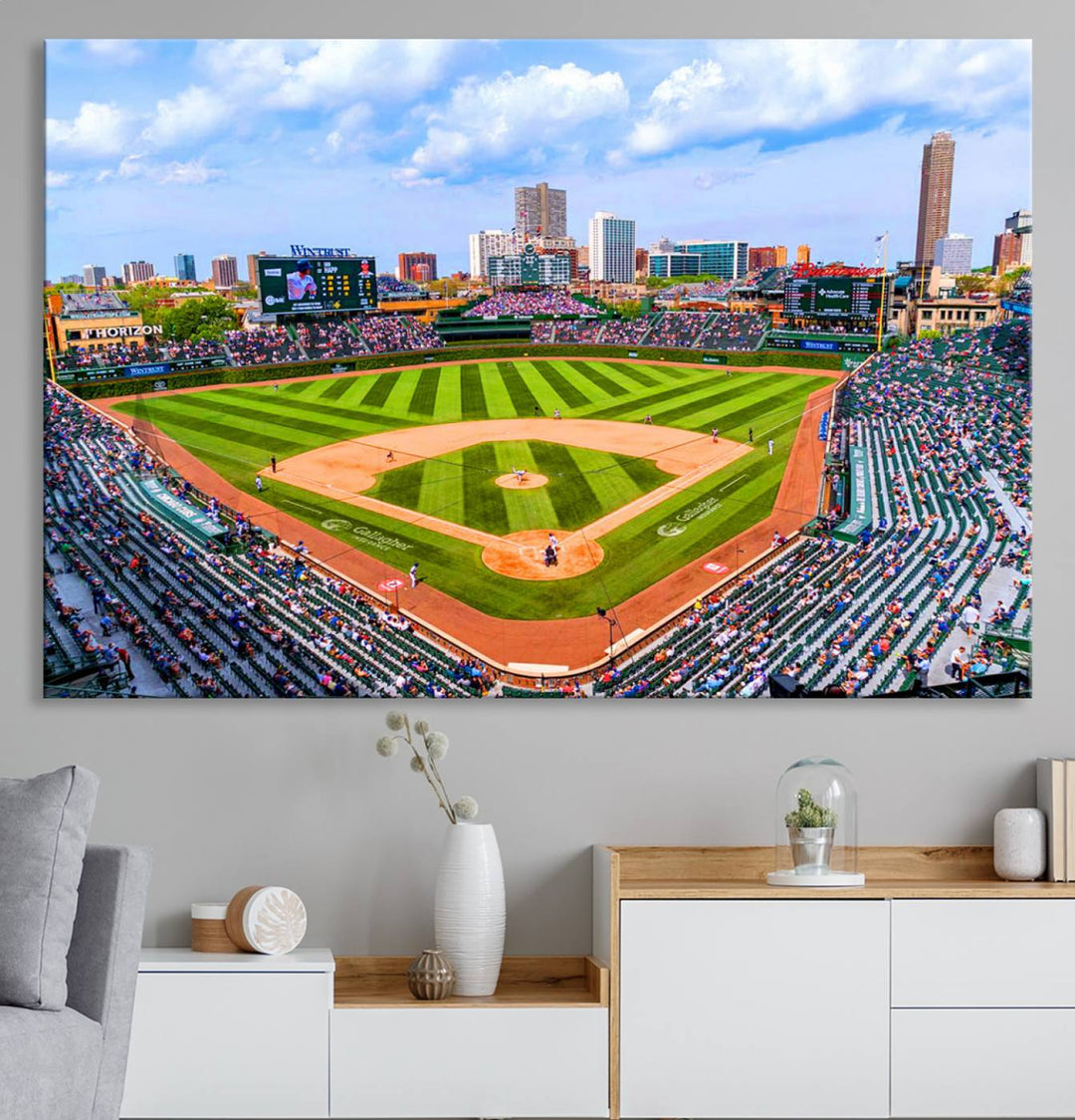 A 3-piece panoramic canvas wall art showcases an aerial view of a packed Chicago Cubs game at Wrigley Field, perfect for sports lovers.