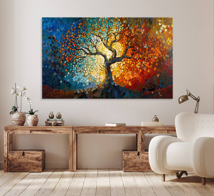 Mosaic Tree Canvas Wall Art: A stunning stained glass-inspired Tree of Life featuring blue and orange swirling patterns reminiscent of a sunburst.