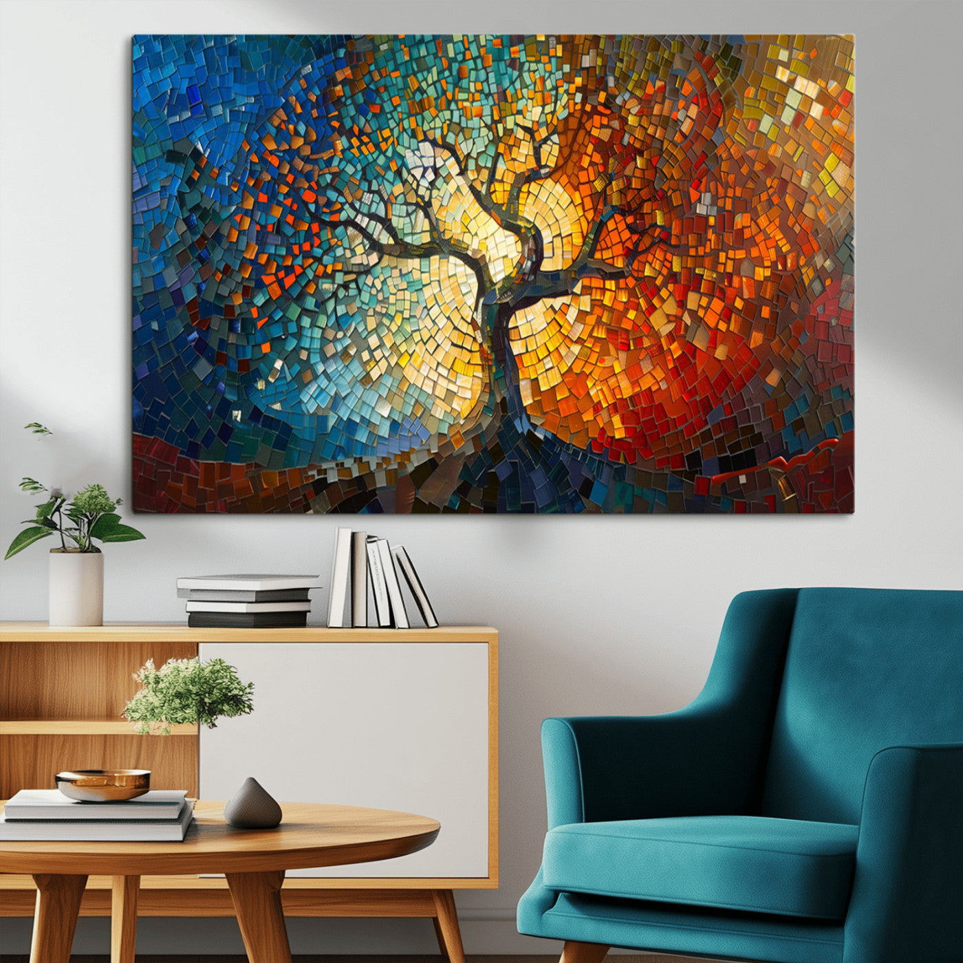MGV-CV-36X24 - Mosaic Tree Canvas Wall Art Canvas Print – Vibrant Stained Glass-Inspired Tree of Life - Ready to