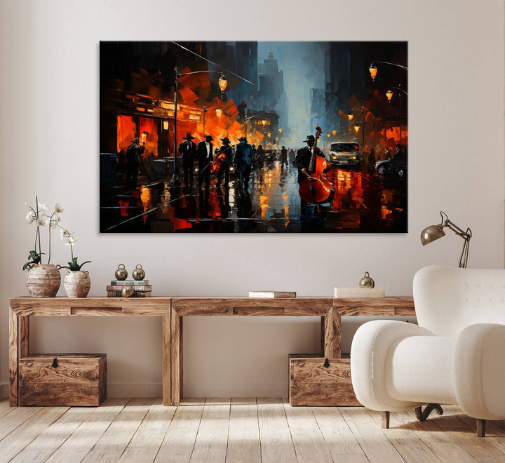 Framed Abstract Music Canvas: Jazz musicians on a rainy city street at night, with warm lights reflecting on wet pavement.