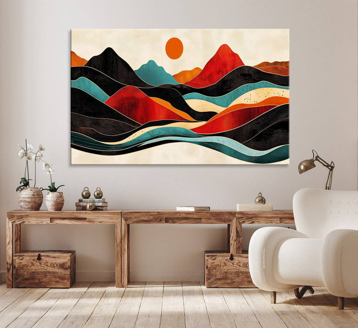 The Colorful Western Triptych Canvas features a vibrant mountain and sun design, making it perfect for modern kitchens or log cabin walls.