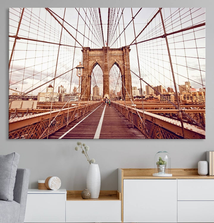 The three-panel "Wall Art New York Manhattan Cityscape Canvas Print" of the Brooklyn Bridge makes an ideal addition to minimalist interiors, capturing the essence of abstract expressionism.