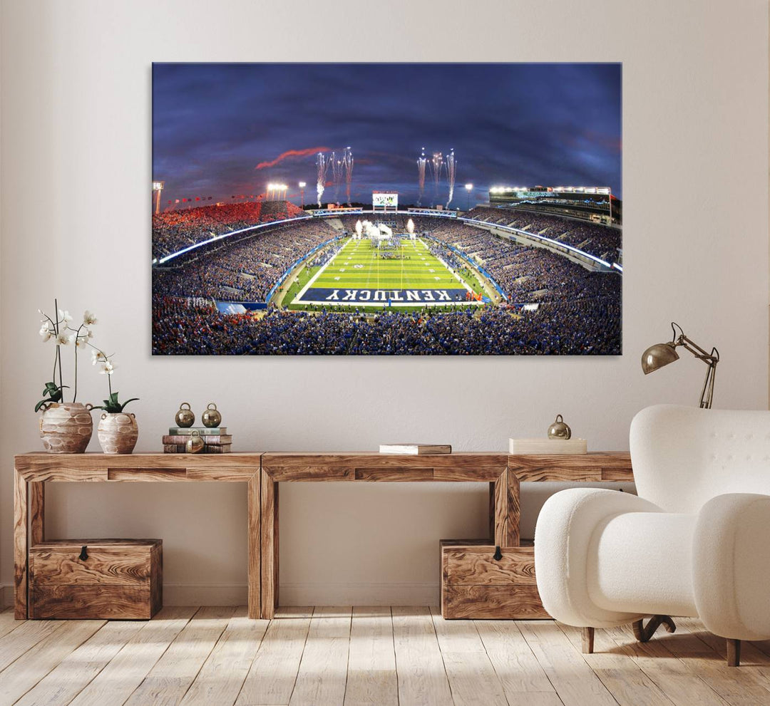 A filled stadium at dusk and fireworks overhead are beautifully captured in the Kroger Field Canvas Wall Art - Sunset Football Stadium Decor.