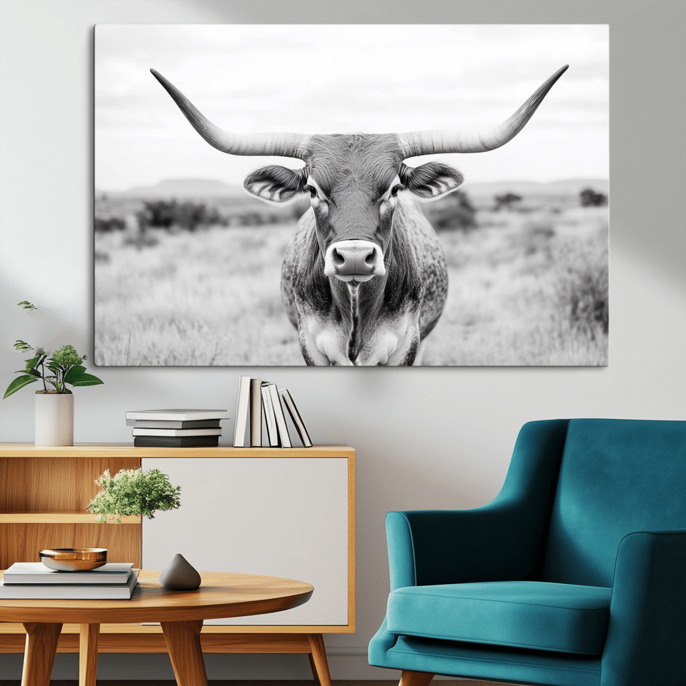 MGV-CV-36X24 - Highland Cow Wall Art Print - Black and White Texas Western Longhorn Canvas - Farmhouse Decor Print