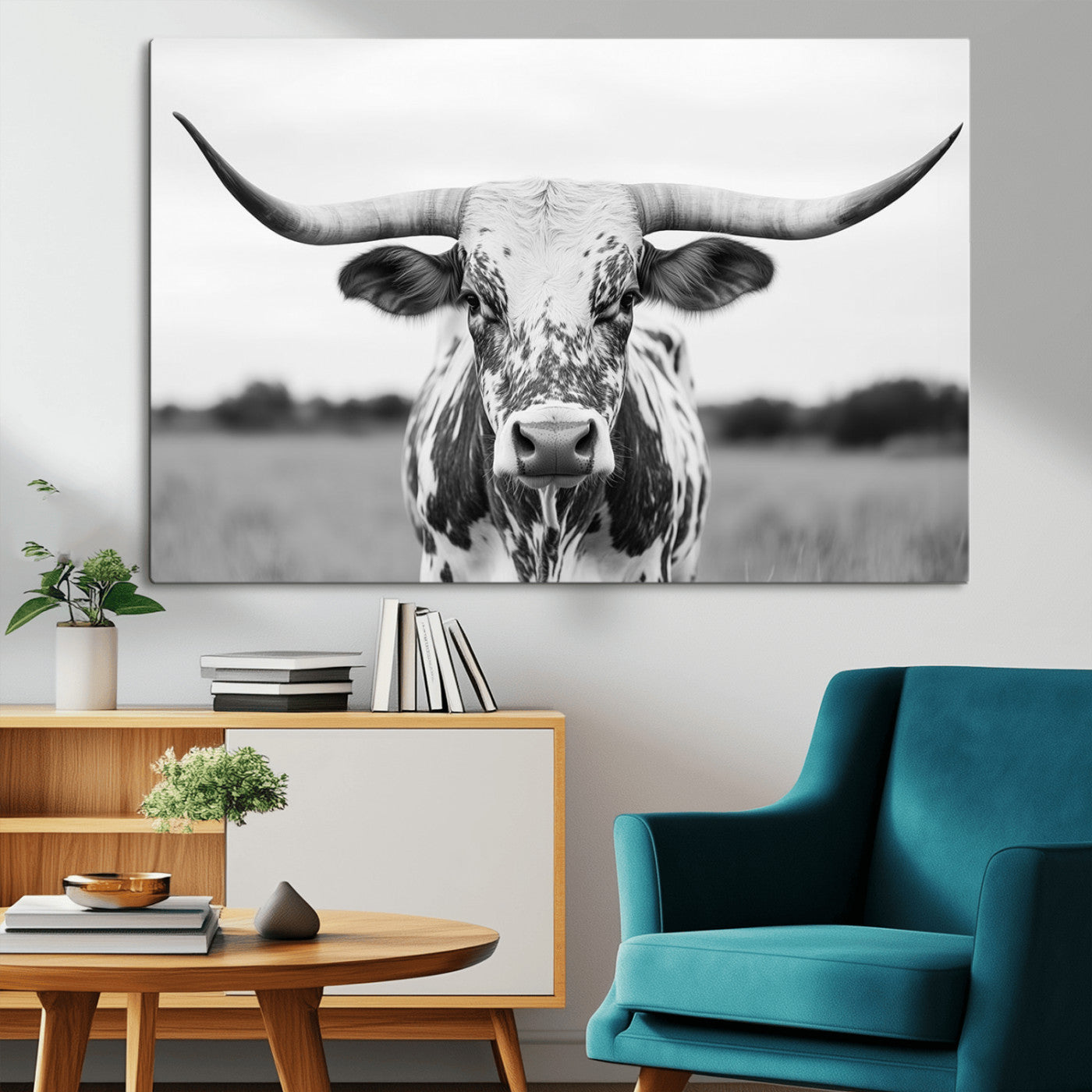 MGV-CV-36X24 - Highland Cow Wall Art - Black and White Western Longhorn Canvas Print - Farmhouse Living Room Decor