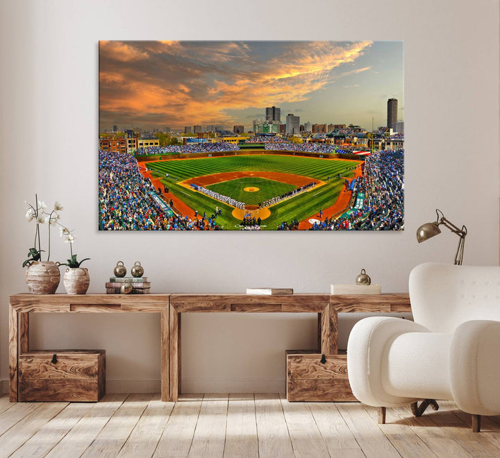 Aerial view of Wrigley Field at sunset against a vibrant sky, creating the perfect Chicago Wrigley Field Canvas Wall Art.