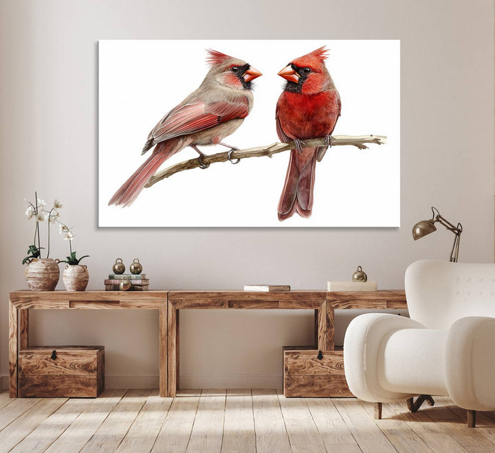 The Cardinal Bird Canvas Wall Art showcases two cardinals on a branch.