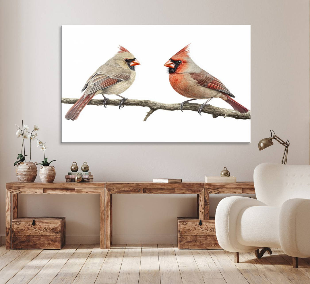 A Cardinal Canvas Wall Art print of cardinals on a branch hangs prominently.