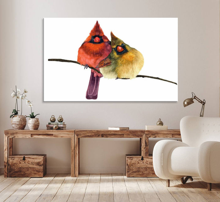 The Cardinal Bird Canvas Wall Art showcases vibrant male and female cardinals, capturing the beauty of nature in vivid detail.