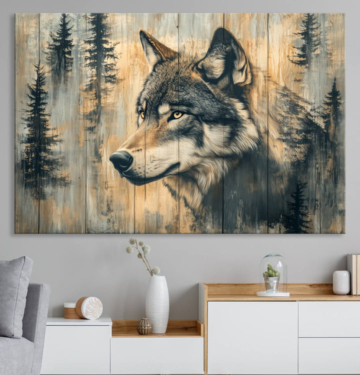 A Wood Style Rustic Wolf Wall Art Canvas Print adorns the kitchen.