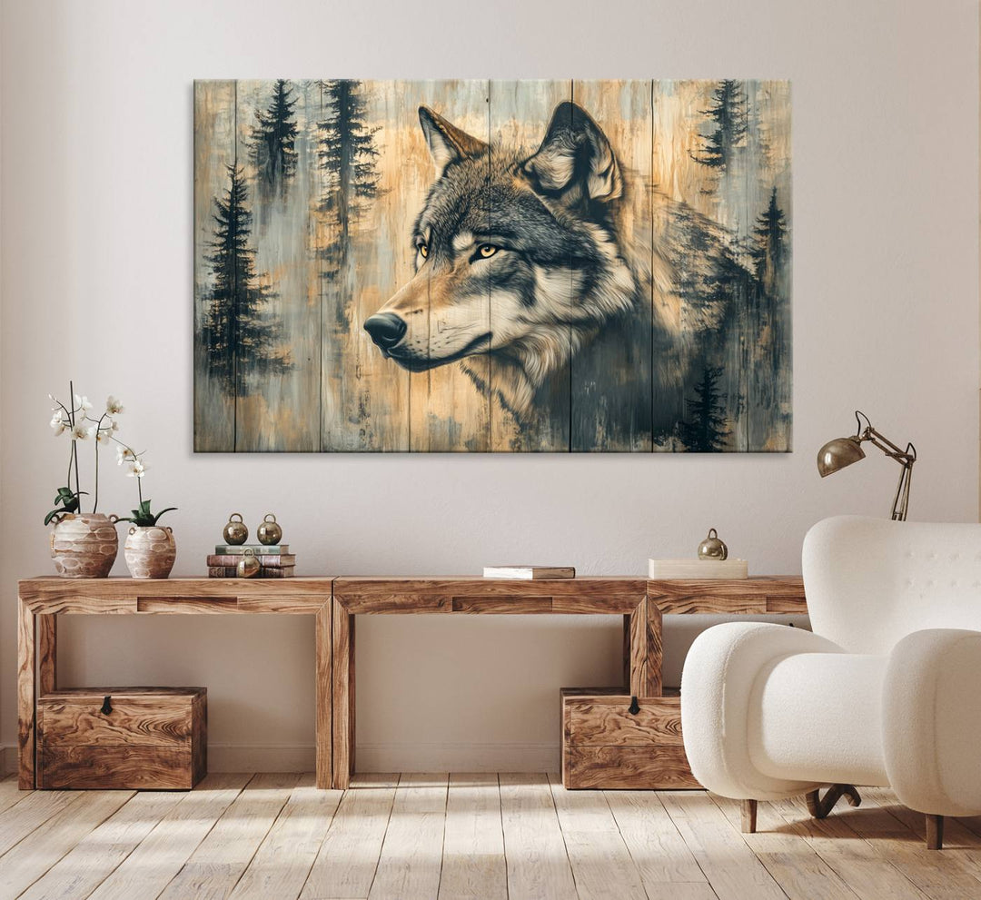 Above the counter is a Wood Style Rustic Wolf Wall Art Canvas Print.