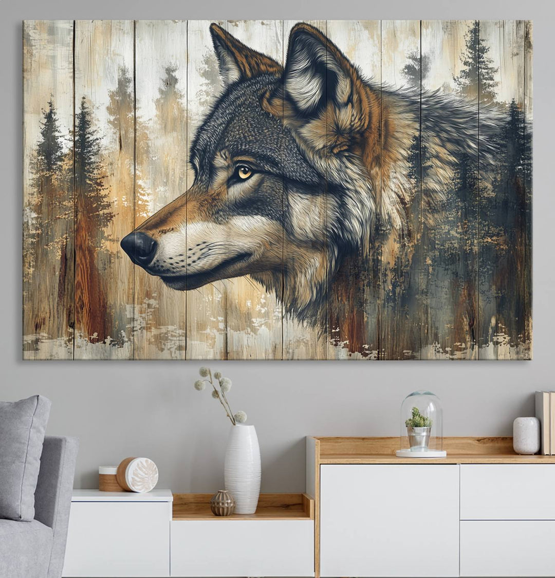 A kitchen dining area features Rustic Wolf Wall Art.