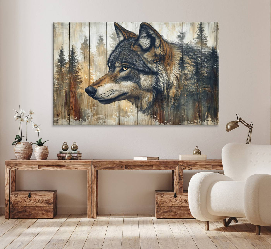 A Rustic Wolf Wall Art Canvas Print in earthy tones adorns the wall above the countertop.