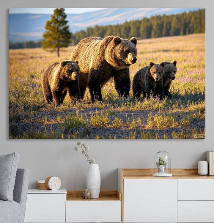 The Grizzly 399 in Wild Flowers wall art canvas print.