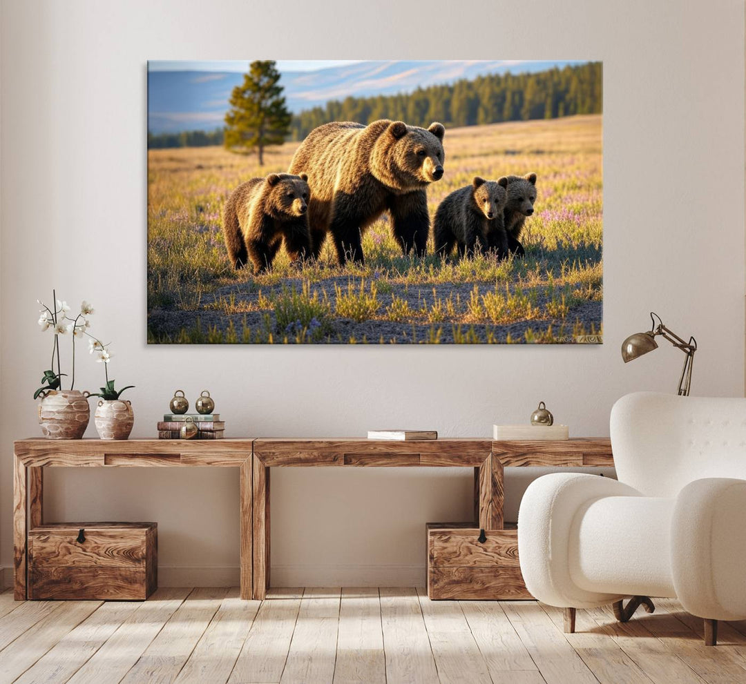 The dining room showcases the Grizzly 399 in Wild Flowers wall art.