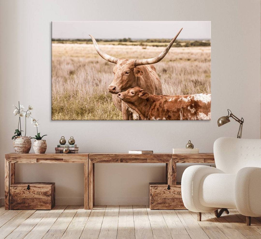 Dining area featuring a Texas Longhorn Cow Wall Art Canvas Print.