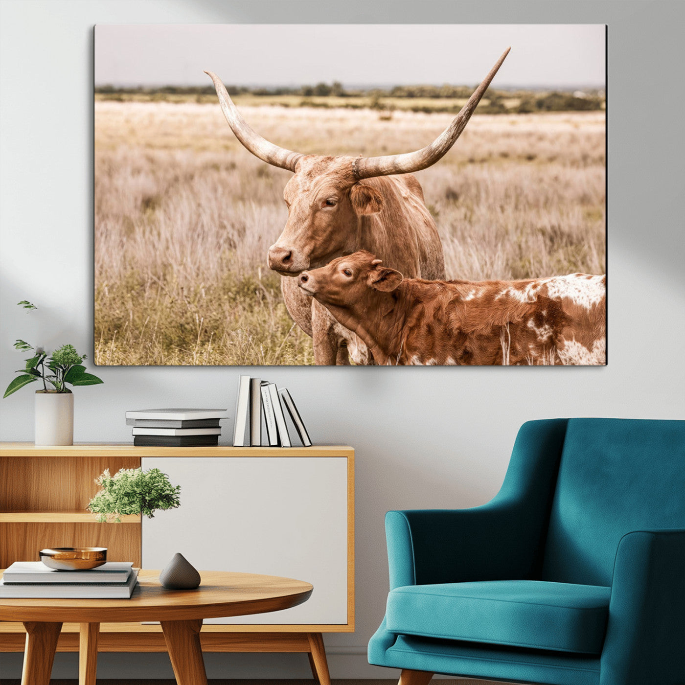 MGV-CV-36X24 - Texas Longhorn Cow Wall Art Canvas Print for Farmhouse Wall Art, Texas Decor, Western Wall Art Print