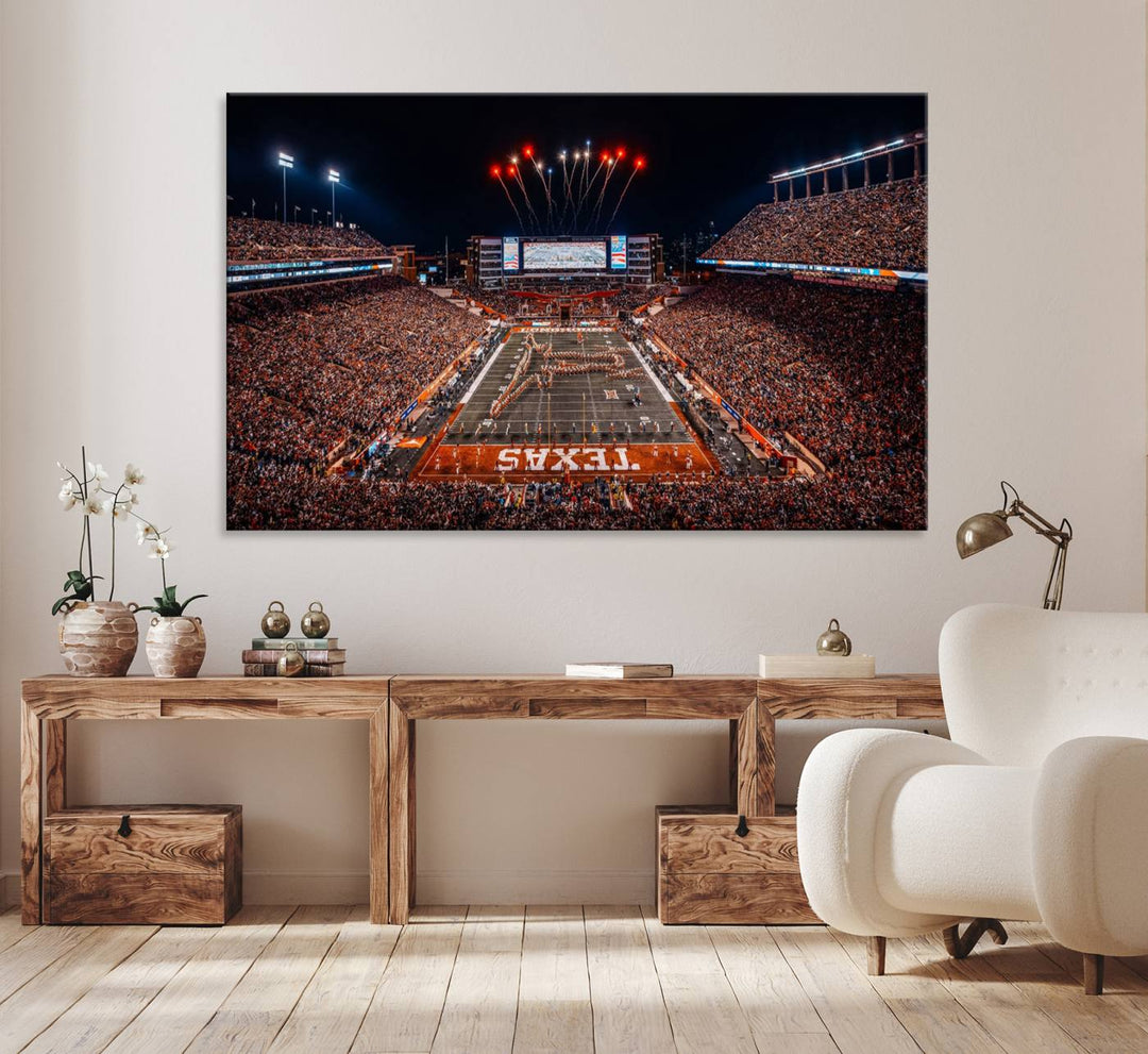 A Texas Memorial Stadium canvas print with fireworks embellishes the modern living room.