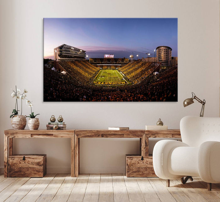 The Iowa Hawkeyes Kinnick Stadium Wall Art Canvas Print captures a sunset scene, making it perfect for display on a wall.