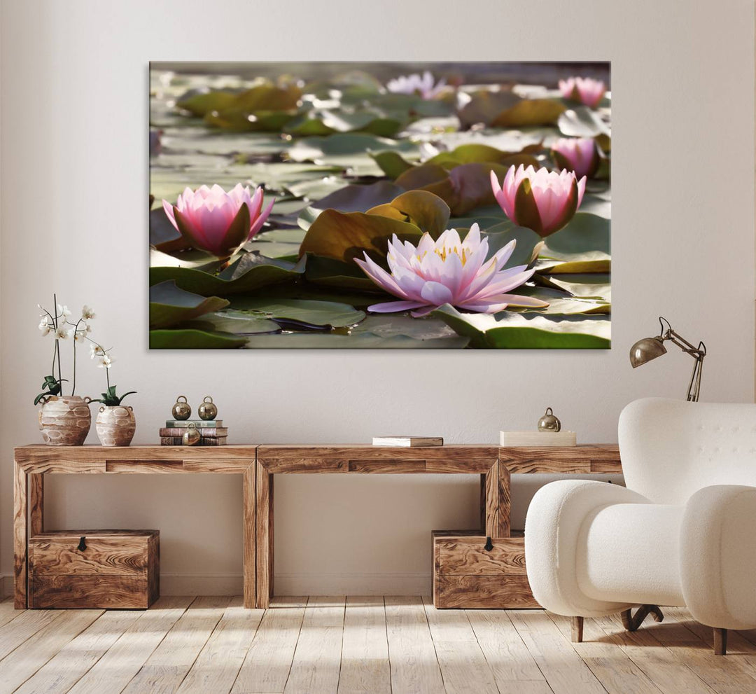 The dining room features the Water Lily Large Canvas Print.