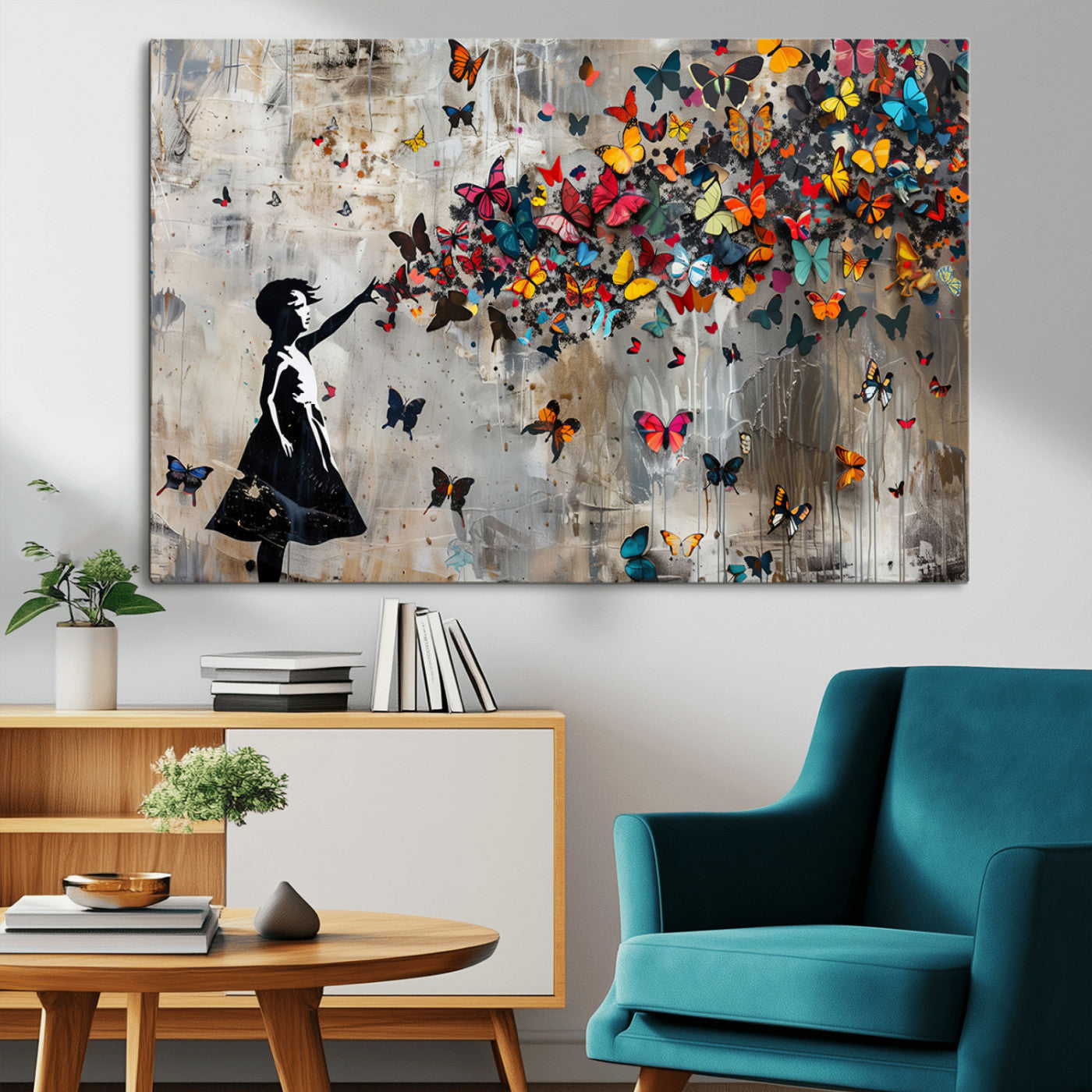 MGV-CV-36X24 - Framed Banksy Butterfly Girl Wall Art ,3-Piece Butterfly Girl Canvas, Modern Graffiti Canvas Print