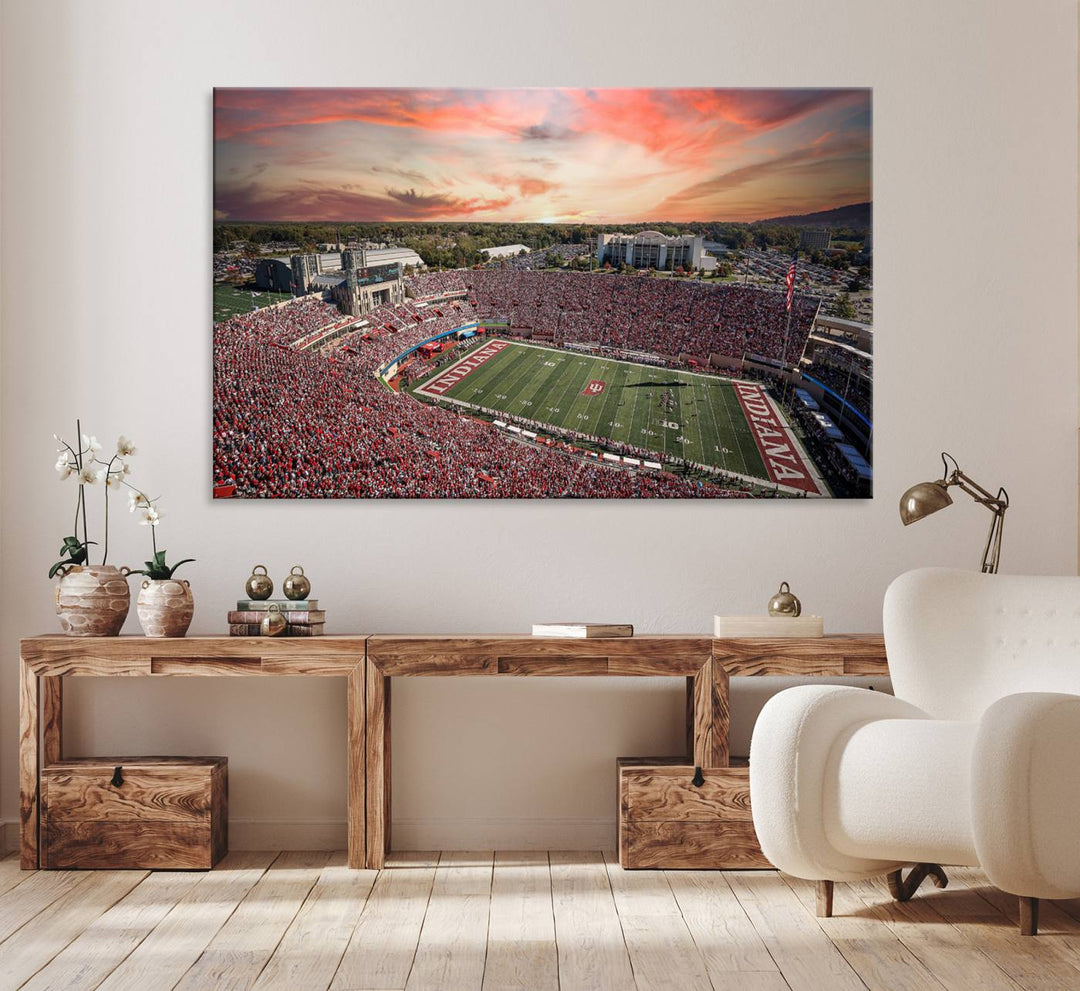 Gallery-quality Indiana Memorial Stadium Wall Art Canvas: A stunning view of the stadium at sunset.