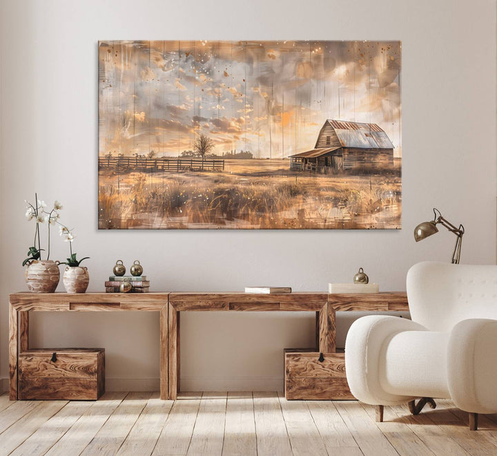 Rustic Farmhouse Wall Art Canvas depicting a barn under a cloudy sky.