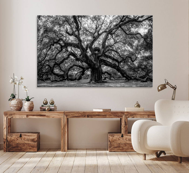 The Black and White Old Angel Oak Tree Canvas Print enhances the modern dining room.