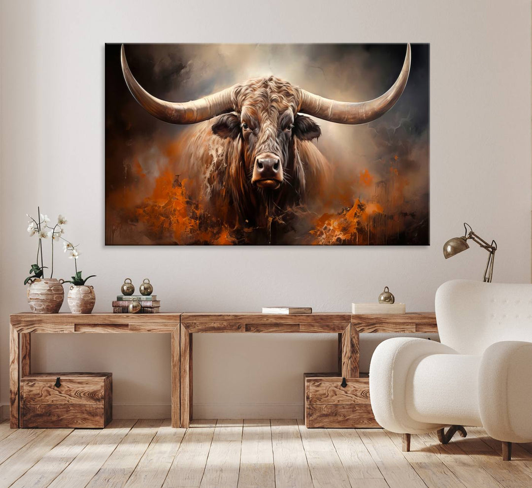 A Highland Bull with striking horns is depicted in a fiery abstract style on a ready-to-hang wall art canvas, evoking strength.