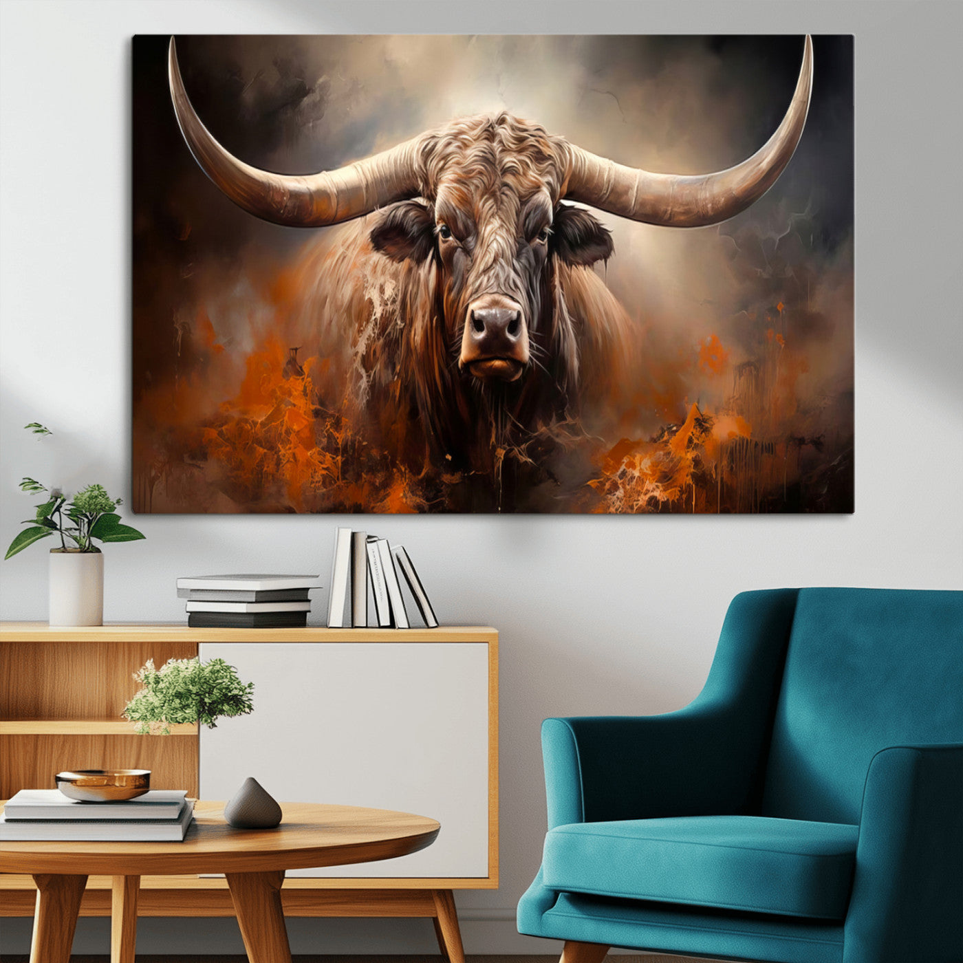 MGV-CV-36X24 - Highland Bull Canvas Abstract Canvas Wall Art Print – Powerful Highland Bull with Striking Horns in