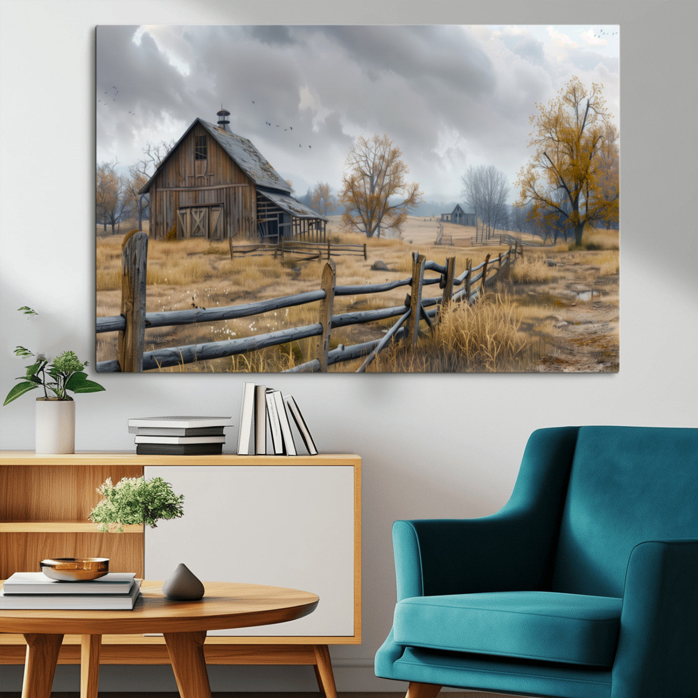MGV-CV-36X24 - Rustic Autumn Farmhouse Wall Art Canvas Print – Serene Countryside Scene with Weathered Barn and