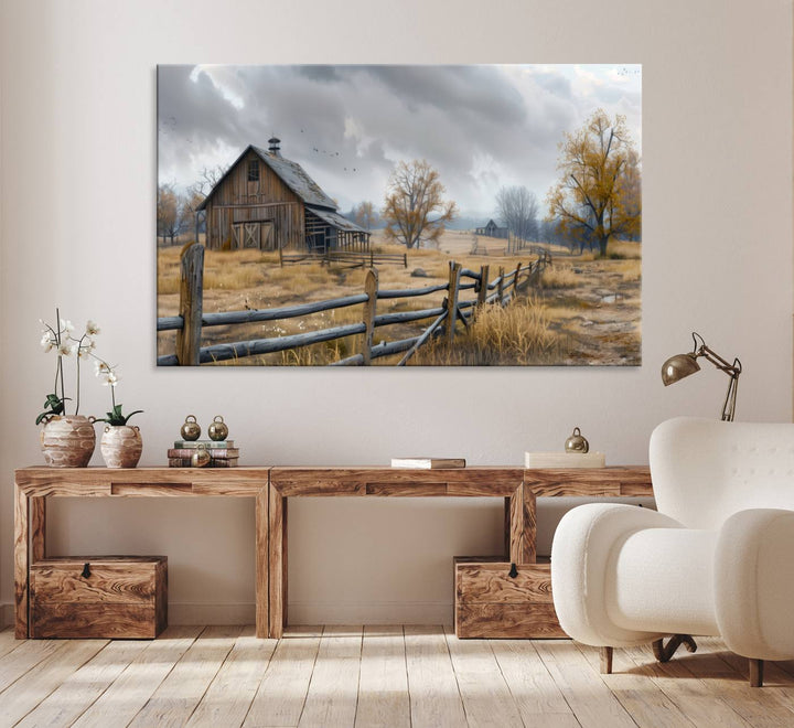 Rustic Autumn Farmhouse Wall Art – Weathered Barn & Trees Canvas Print, featuring a serene scene with birds in the sky. This piece is ready to hang.