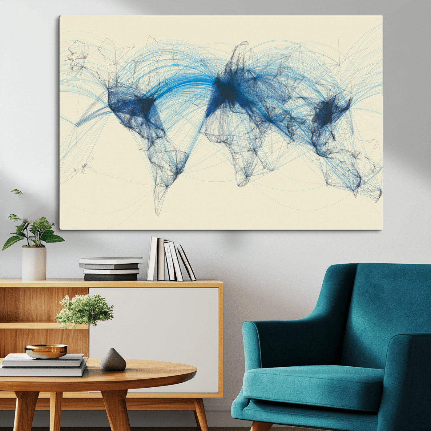 MGV-CV-36X24 - Flight Routes Map art Air Traffic Avi World Map with Blue Connections Canvas Wall Art – Modern