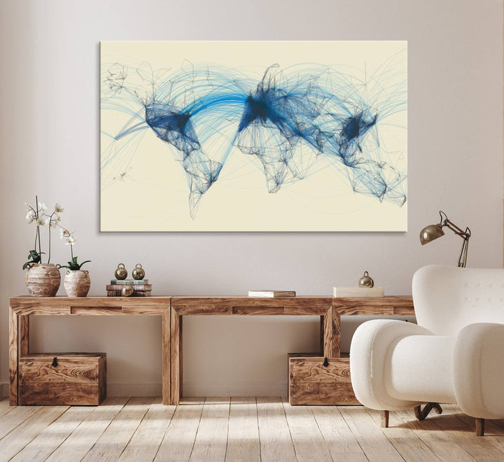 Flight Routes Map: Air Traffic Avi World Map featuring blue lines symbolizing global data. Ideal for home decor and ready to hang.