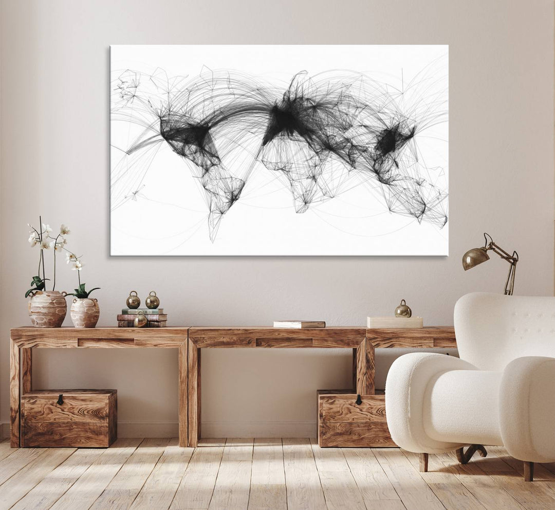 The Flight Routes Air Traffic canvas wall art, framed and ready to hang, is perfect for aviation enthusiasts.