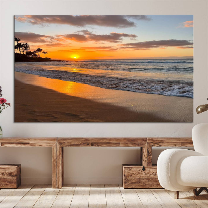 Sunset Wall Art Print featuring a beach sunset with waves and palms, perfect for coastal decor.