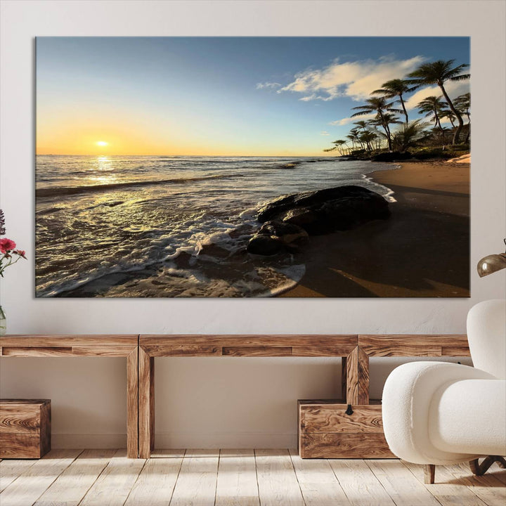 A serene tropical sunset on canvas, featuring palms and waves, serves as perfect Tropical Beach Wall Art for home or office decor.