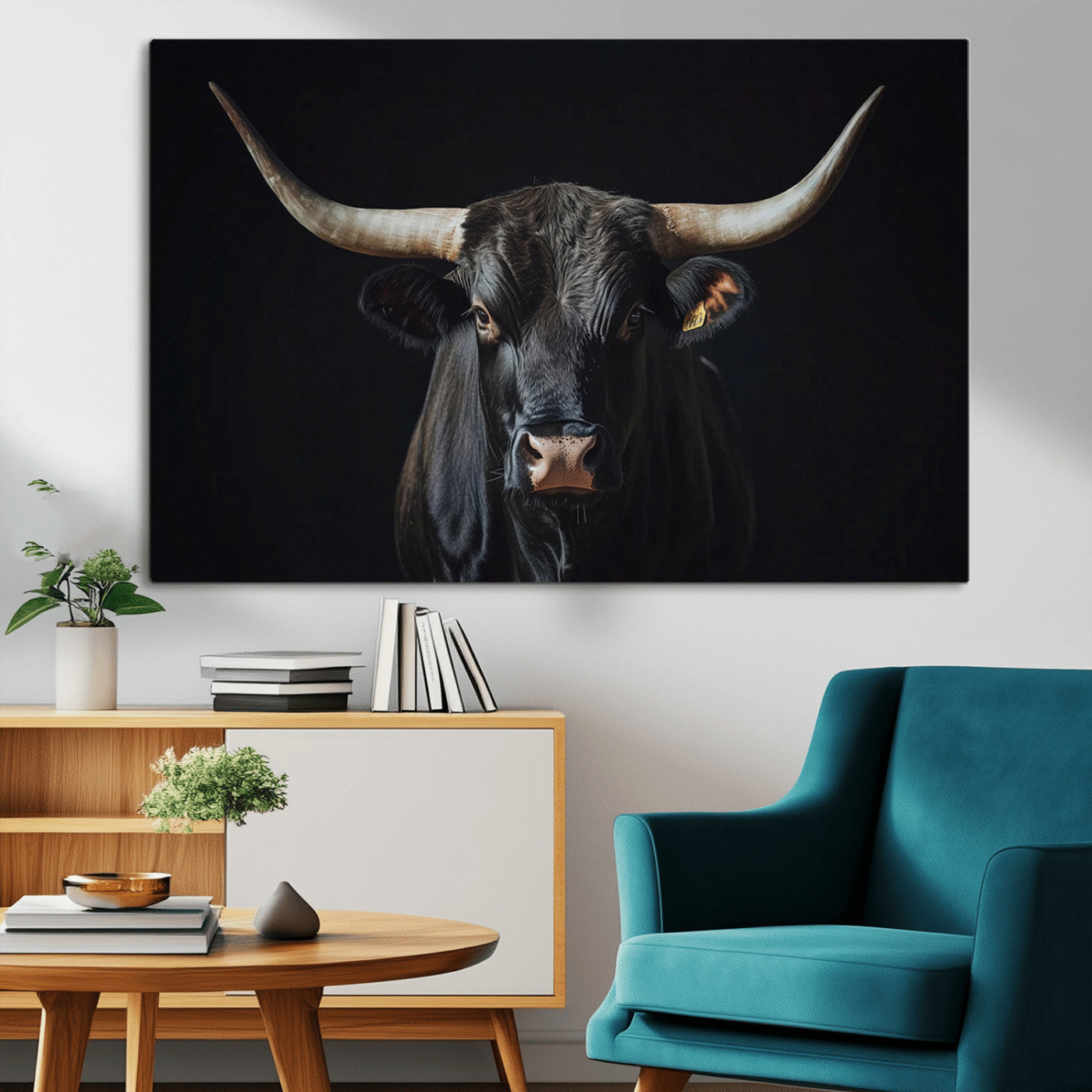 48065167-MGV-CV-36X24-Majestic Longhorn Bull Wall Art Canvas Print – Dark Background Western Ranch Portrait Artwork for Home, Office