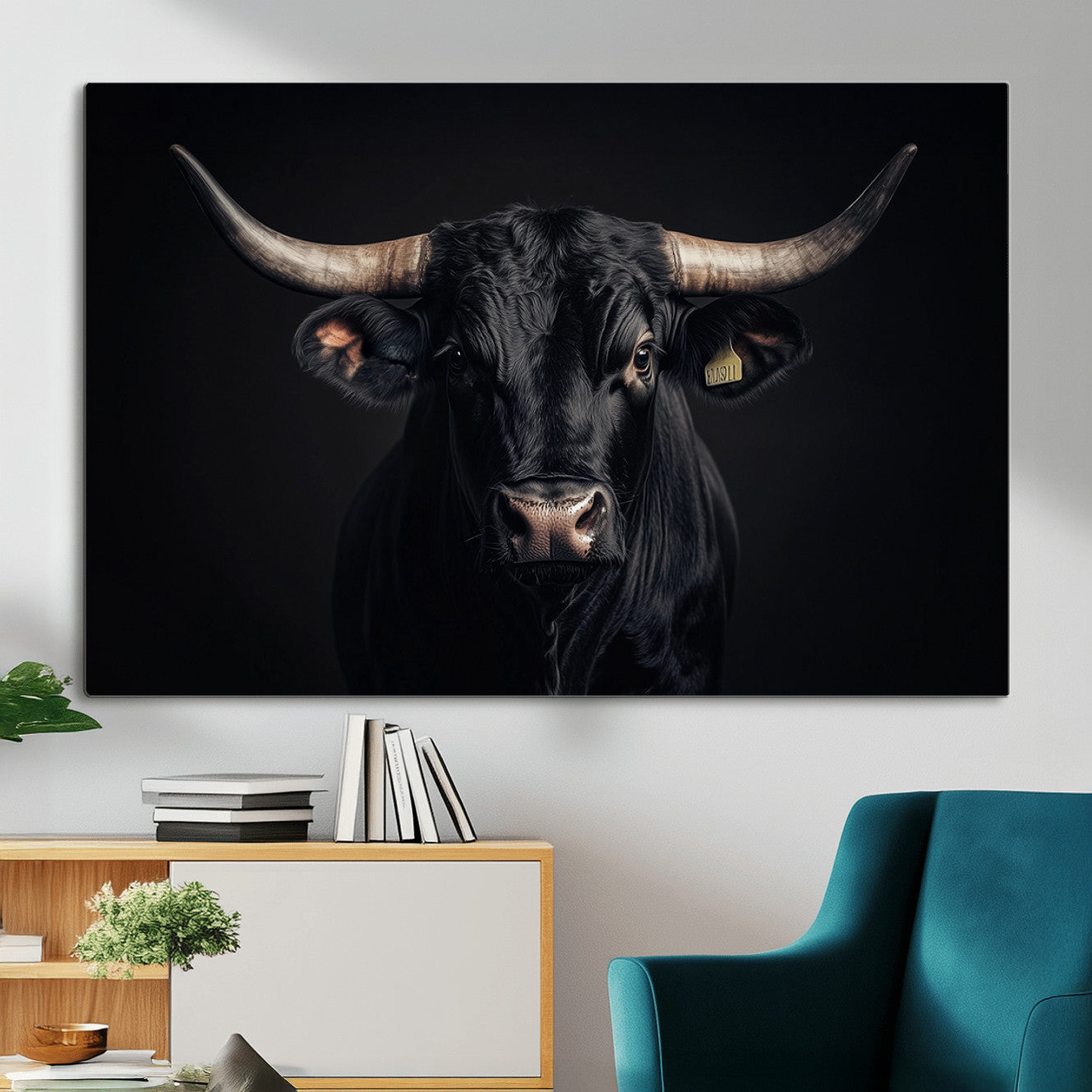 MGV-CV-36X24 - Black Bull Wall Art – Framed Horned Bull Canvas Artwork, Western Cattle Design, Rustic Ranch Style Decor for Home, Office