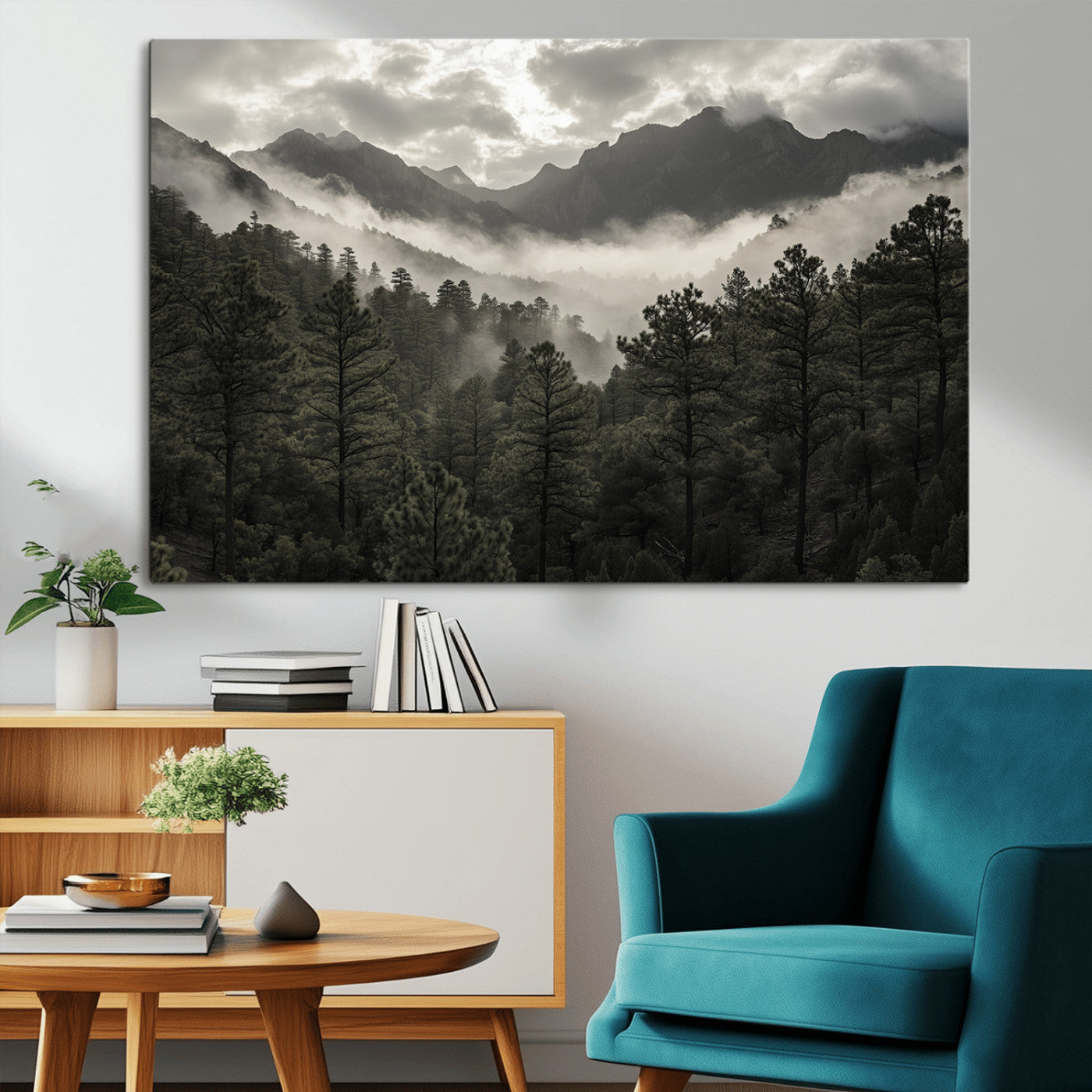 MGV-CV-36X24 - Misty Mountain Forest Wall Art – Canvas Print of Cloudy Peaks, Tranquil Pines, Enchanted Landscape, Majestic Nature Decor for Home or Office