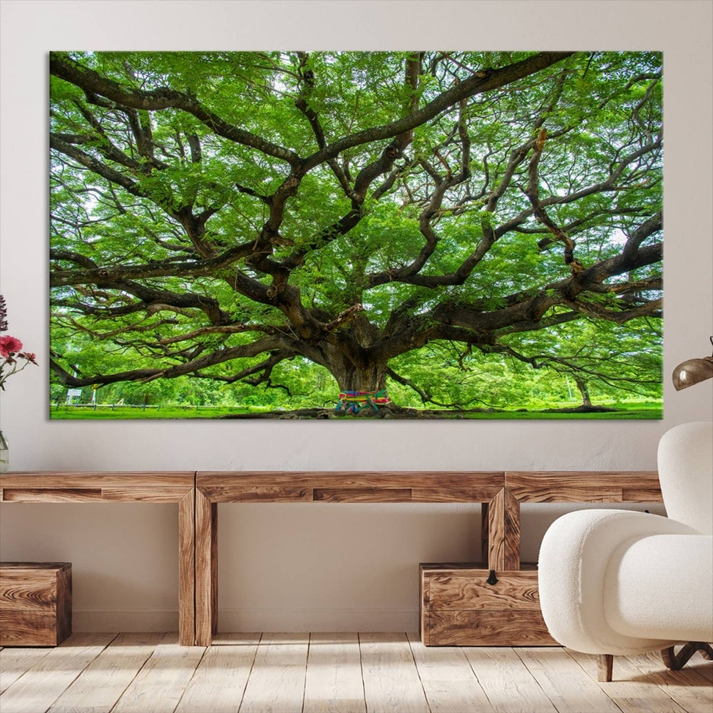 A large oak tree print with dense leaves and twisted branches on a bright forest canvas, ideal for farmhouse decor.