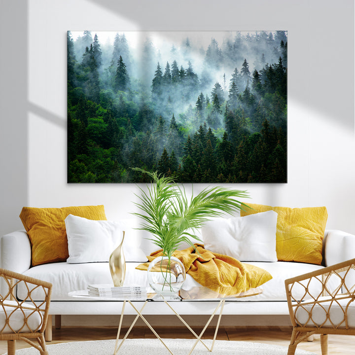 Misty Forest Art Wall Art Canvas Print, Foggy Mountain Art Print, Framed Scenic Wall Print Art Print, Large Woodland Canvas Printing Perfect