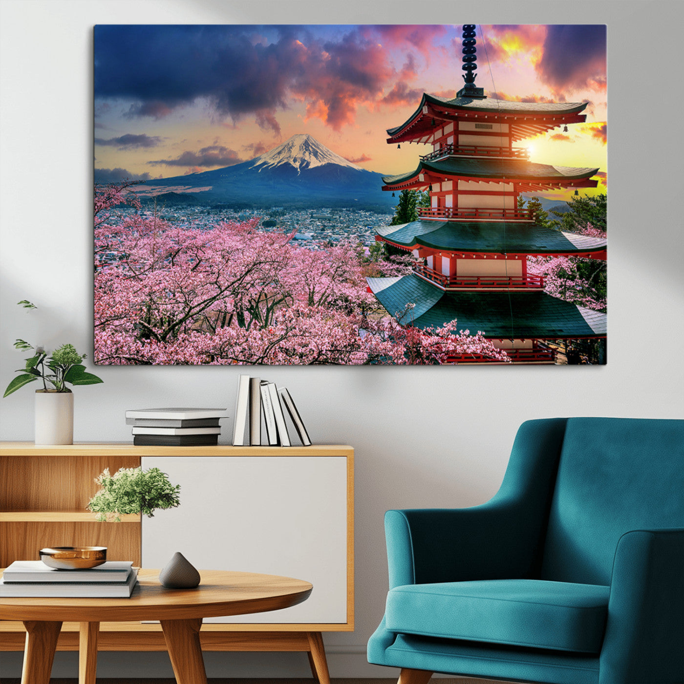 MGV-CV-36X24 - Mount Fuji & Cherry Blossom Wall Art Canvas Print – Iconic Japanese Landscape, Sakura Pagoda Sunset,