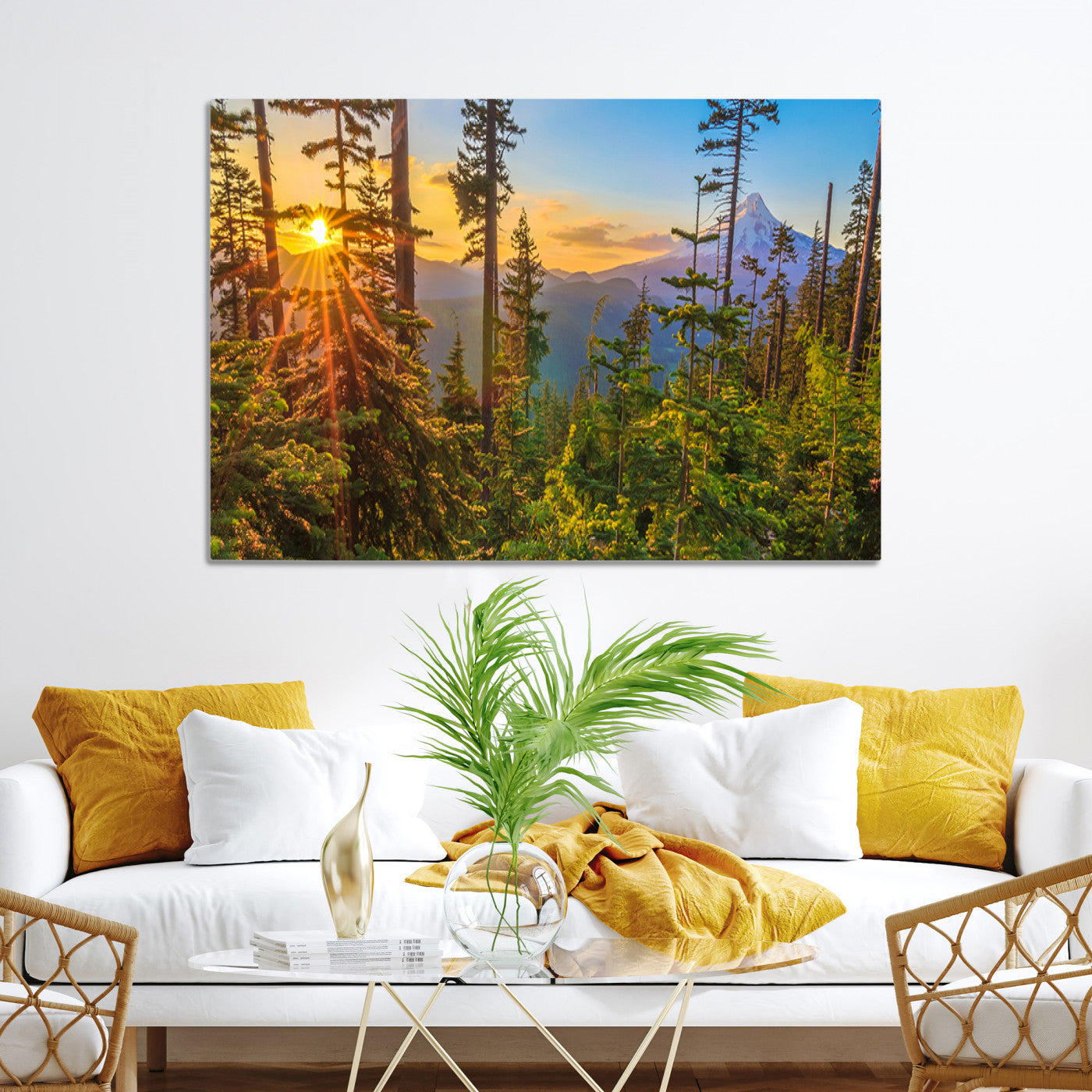 Forest Sunset Wall Art Canvas Print, Framed Sunset Trees Art Picture Print, Green Pines Perfect Rustic Nature Decor
