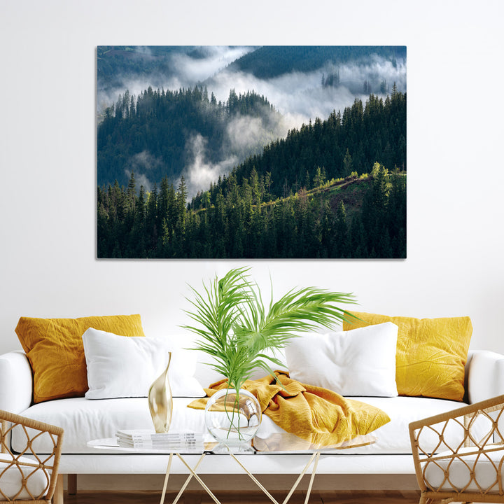 Misty Forest Wall Art Canvas Print, Framed Pine Hills Art Picture Print, Moody Hills Perfect Moody Woodland Decor Artwork