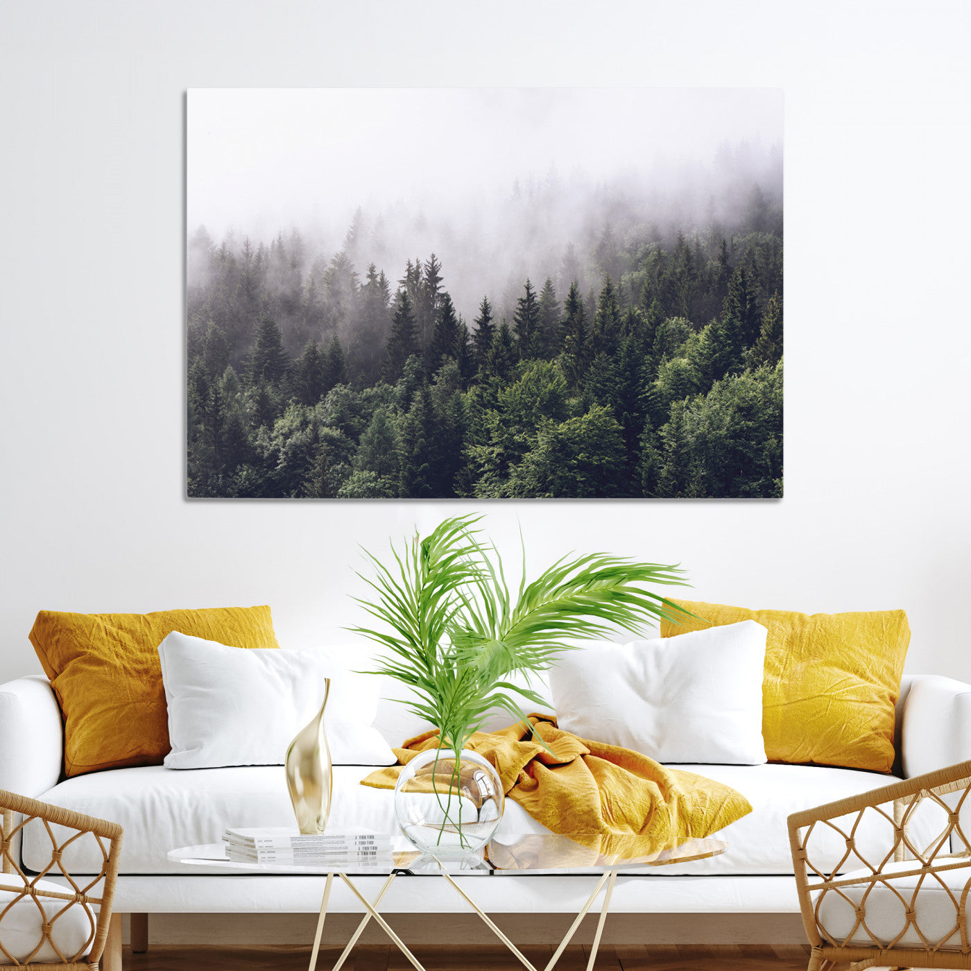 Misty Forest Wall Art Canvas Print, Framed Foggy Pines Art Picture Print, Pine Valley Perfect Moody Woodland Decor