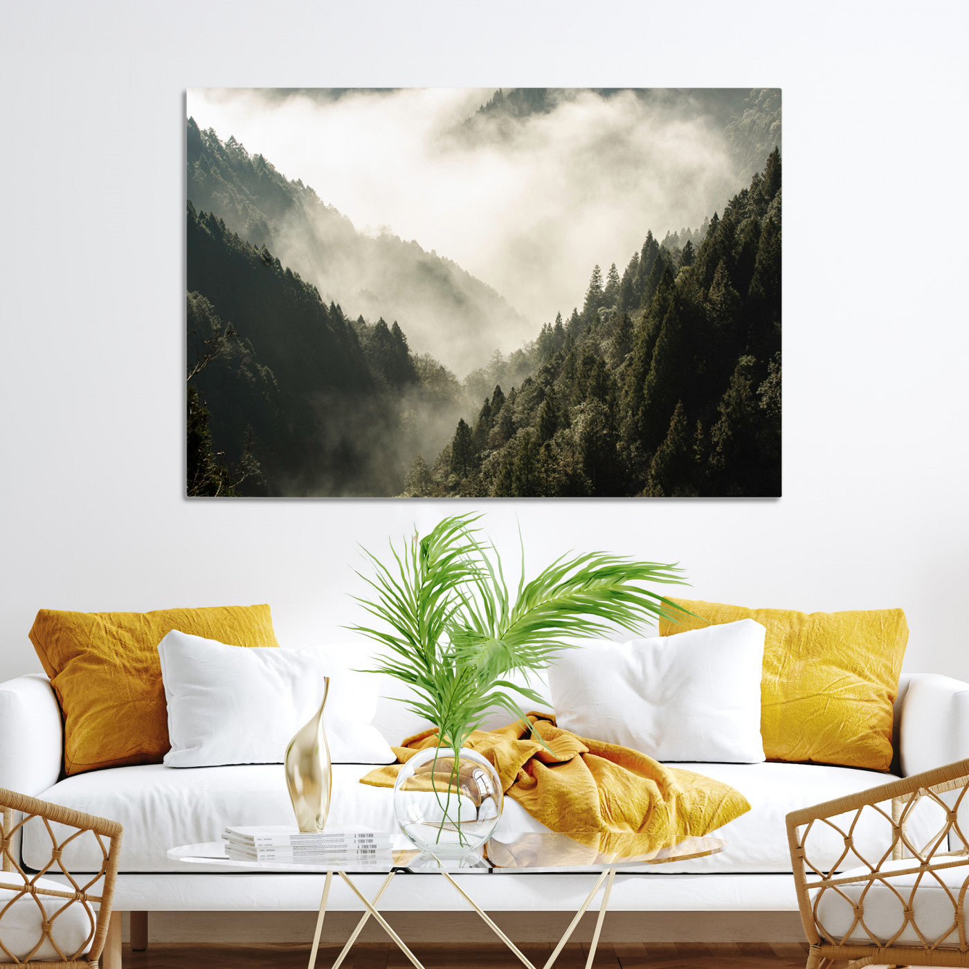 Misty Valley Canvas Print, Framed Foggy Forest Art Picture Print, Pine Trees Perfect Moody Woodland Decor